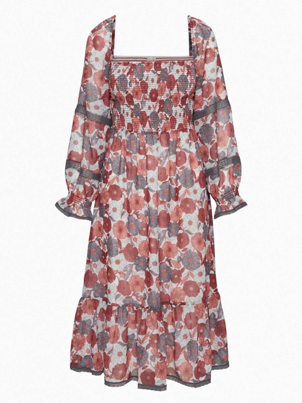 Aritzia Wilfred Grace Smocked Midi Dress Birch Floral Sienna Red S Cottagecore - Picture 4 of 15